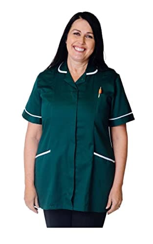 Image of Skywear T66 Ladies Tunic Tops - Women's Healthcare & Beauty Tunics for Women UK | Work Uniforms for Office, Salon, Nurse & Spa - Multicolor Short Sleeve Tops, Bottle Green/White, 22