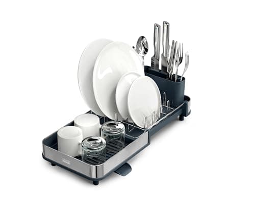 Image of Joseph Joseph Extend Slim Steel Expandable Compact Dish Drainer Rack With Removable Cutlery Holder, Swivel Draining Spout, Grey