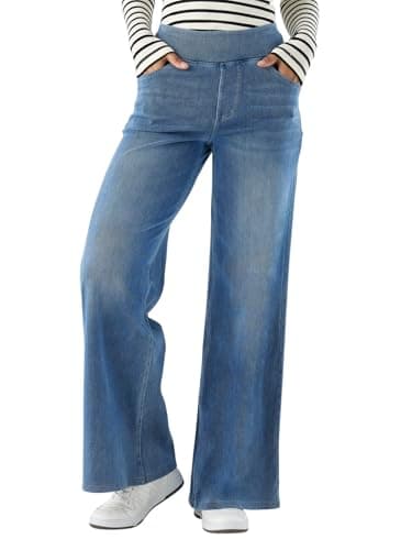 Image of SotRong Wide Leg Jeans for Women High Waisted Stretch Pull on Baggy Jeans Soft Casual Trendy Straight Denim Palazzo Pants with Pocket Light Blue L