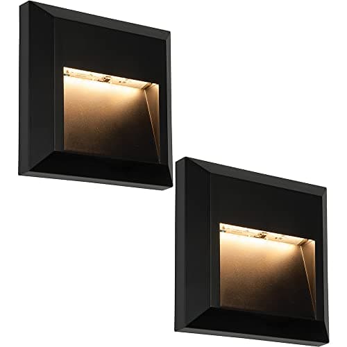 Image of 2 Pack Square Pathway Guide Light - Indirect 1.1W Warm White LED Module - Black ABS Plastic & Clear Polycarbonate - Integrated Control Gear - IP65 Rated - Wall Mounted Guide Downlight