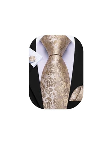 Image of Barry.Wang Men's Paisley Tie Champagne Silk Necktie Pocket Square Cufflinks Set Wedding Christmas