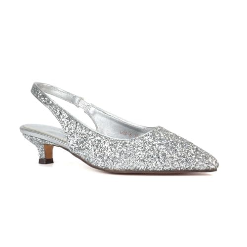 Image of ESSEX GLAM Women's Silver Glitter Slingback Court Shoes Ladies Kitten Low Heel Point Toe Classic Wedding Party Evening Closed Toe Pumps Size 7