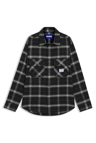 Image of HUGO Mens Ebolt Oversized-fit Overshirt in Checked Cotton Twill Black