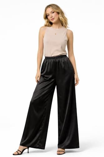 Image of Womens Satin Palazzo Elasticated Waist Flared Wide Leg Trousers Casual Lounge Silk Pants (Black L-XL Long)