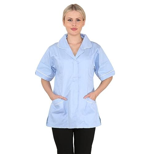 Image of MyShoeStore Women's Healthcare Tunic Shirt with Contrast Piping, Front Zip, Short Sleeves for Medical Uniform, Sky Blue, 14