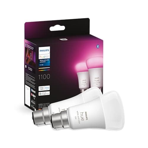 Image of Philips Hue White & Colour Ambiance Smart Bulb Twin Pack LED [B22 Bayonet Cap] - 1100 Lumens (75W Equivalent). Works with Alexa, Google Assistant and Apple Homekit, 2 Count (Pack of 1)