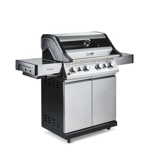 Image of Fire Mountain Olympus Burner Gas BBQ Stainless Steel with Searing Side Burner Glass Viewing Lid and Cover Extra Large Outdoor Barbecue for Garden Patio (SSG Black, 6)