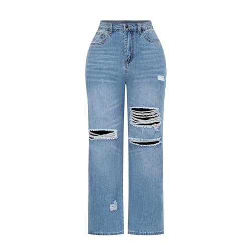 Image of THUNDER STAR Womens High Waisted Wide Leg Jeans Stretchy Distressed Denim Pants, Light Blue, 14