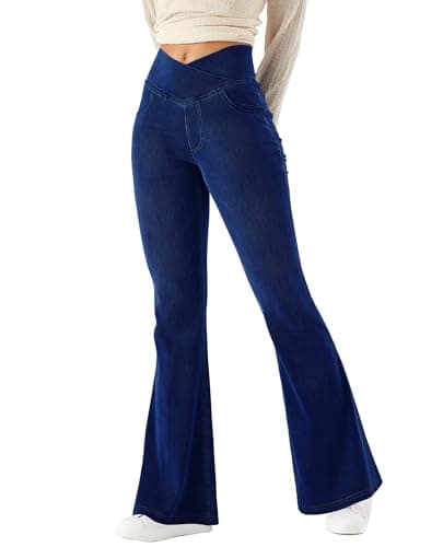 Image of LaiEr Women Bootcut Jeans V Crossover High Waist Pull on Tummy Control Casual Fitness Skinny Yoga Pants,Denim Highly Elasticity Soft Fabric,Flared Fitness Trousers with Side Pockets(Dark BlueM)