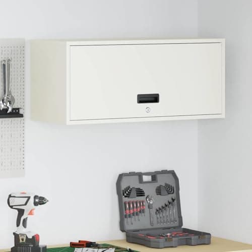 Image of SooIarix White Garage Wall Cabinet 33 x 80 x 35 cm with Gas Lift Door, Heavy Duty Steel, Space Saving Wall Mounting, Secure Deadbolt Lock