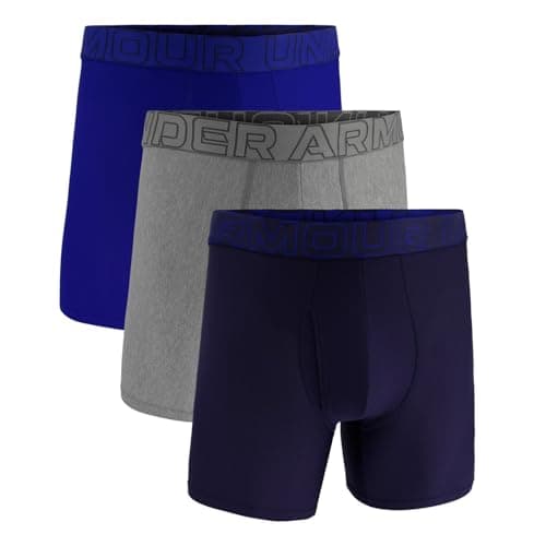 Image of Under Armour Men's 3-Pack Performance Tech Mesh Boxer Brief, 6" Inseam – Breathable, Moisture Wicking, Soft Touch, All-Day Comfort, Blue/Grey/Navy, M