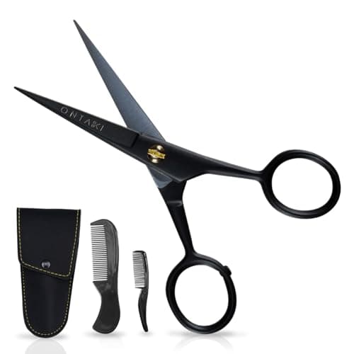 Image of ONTAKI Professional German Steel Beard Scissors 5 Inch Men's Moustache Scissors with Beard Comb and Carry Bag, Hand Forged Beveled Edge Precision Facial Hair - Black