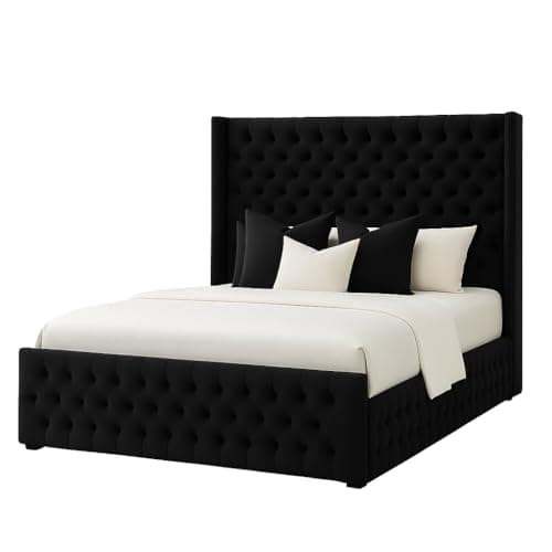 Image of Atomic Sleep Luxury Chesterfield Wingback Bed Frame - Upholstered in Plush Velvet Fabric with Mattress/Gas Lift Option - UK Made (Black Plush, Double 4ft6 with gas lift storage)