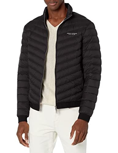 Image of Armani Exchange Mens Quilted Milano/New York Logo Zip-up Jacket Down Alternative Coat, Black/Melange Grey B, XL UK