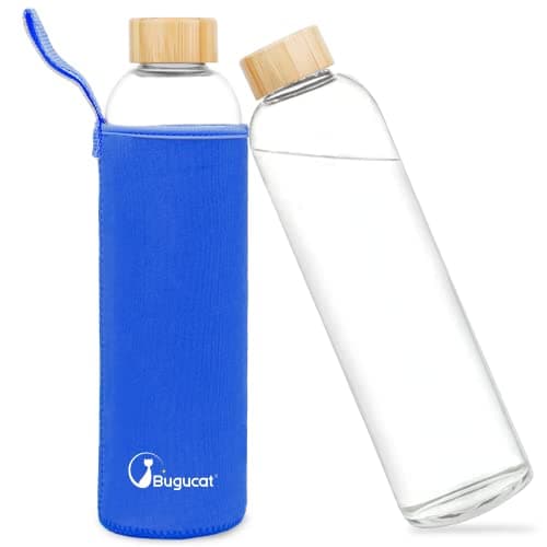 Image of Bugucat Borosilicate Glass Water Bottle 1000ML, Reusable Lid Drinking Bottle with Protective Sleeves,Juice Beverage Container BPA-Free Leak Proof for School Sport Yoga Gym Hot Cold Drinks