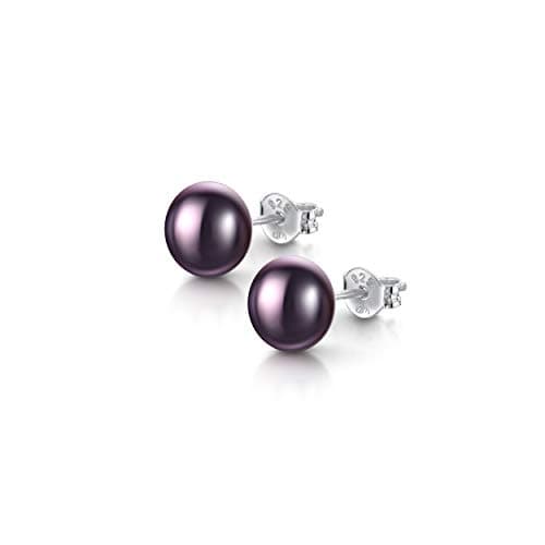 Image of Amberta Women's 925 Sterling Silver Freshwater Pearl Stud Earrings: 7 to 8 mm Dark Pearl