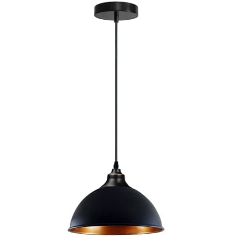 Image of LEDSone Black Inner Gold Vintage Dome Shape 21cm Pendant Light Shade Industrial Hanging Ceiling Lighting with Bulb Ideal for Dining Room Bar Clubs & Restaurants