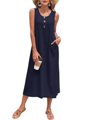 Image of PLOKNRD Women's Summer Maxi Dress 2026 Sleeveless Button Down Casual Loose Beach Sundress Travel Vacation Outfits(Navy Blue,M)
