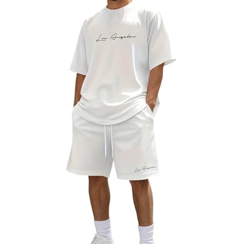 Image of Generisch 2026 Men's Casual Suit Set, Crew Neck T-Shirt with Print Design, Comfortable Outfit for Everyday Wear in Spring, Summer and Autumn, White (white 2), S