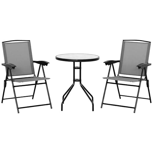 Image of Outsunny 3 Piece Outdoor Bistro Set, Patio Conversation Furniture Set with 2 Folding Backrest Adjustable Armchairs and Glass Top Coffee Table, Grey