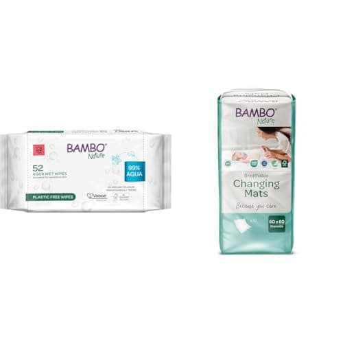 Image of Bambo Nature Aqua Wet Wipes, 1 Pack of 52 Wipes, 99% Water, Sensitive Skin Safe, Extra Soft, Fragrance Free + Disposable Changing Mats, Size 60x60 cm, Pack of 10, Absorbency of 1000 ml