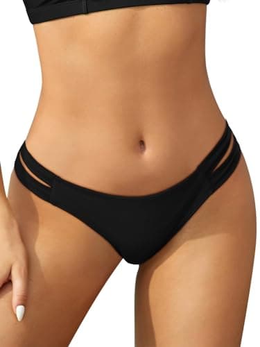 Image of SHEKINI Womens Bikini Bottoms Low Rise Brazilian Thong Strappy Swim Bottom Retro Basic Modest Coverage Swimwear Shorts High Cut, Black, S
