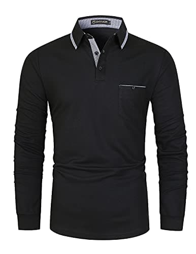 Image of GHYUGR Men's Polo Shirt Long Sleeve Plaid Splice Collar Golf Tennis T-Shirt,Black 1,XL