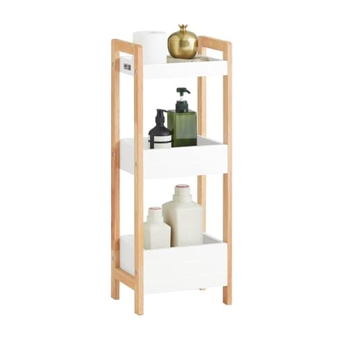 Image of SoBuy Slim Bathroom Storage Cabinet with 3 Shelves Freestanding Bathroom Storage Unit in MDF Small Cabinet up to 30kg, White Cupboard for Narrow Spaces 28x20x74cm FRG226-WN