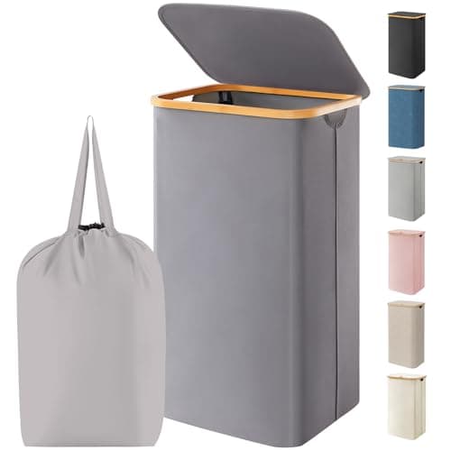 Image of Lifewit 100L Laundry Basket with Lid, Dirty Clothes Bin with Bamboo Handles and A Removable Bag, Large Foldable Washing Basket for Bedroom, Bathroom, Dorm, Laundry Room, Grey