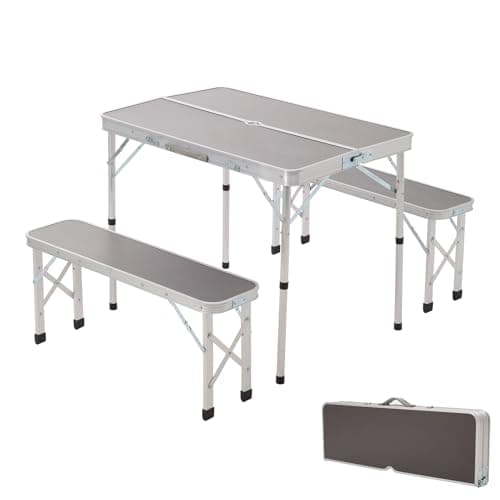 Image of Warmiehomy Camping Table and Chairs Folding Picnic Table and Bench Set Aluminium Portable Tables with Parasol Hole 2 Chair Stool for Picnic Camping BBQ, Black