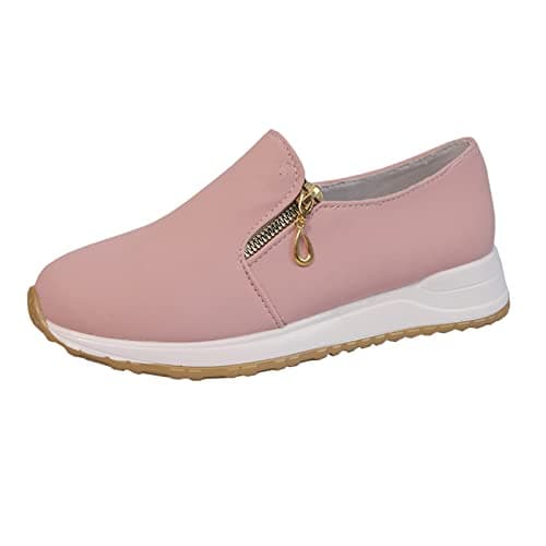 Image of Fabric Shoes Women's Side Zip Trainers Arch Support Sports Shoes Fashion Casual Shoes Lightweight Walking Shoes Breathable Solid Colour Casual Shoes Large Size Slip-On Shoes, Pink, 7 UK