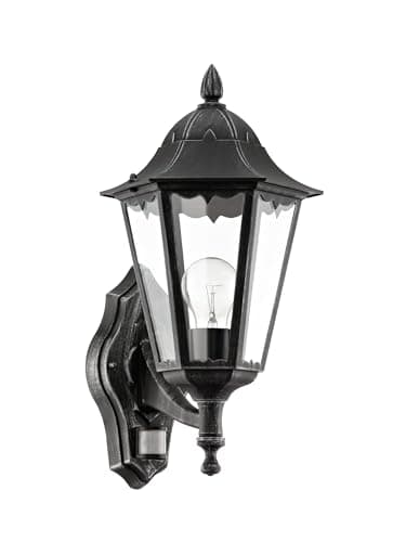 Image of Eglo Navedo 1-Bulb Outdoor Wall Lamp, 6 Panel Lantern incl. Motion Detector, Made of Cast Aluminium and Glass, Colour: Black, Silver Patina, Socket: E27, IP44