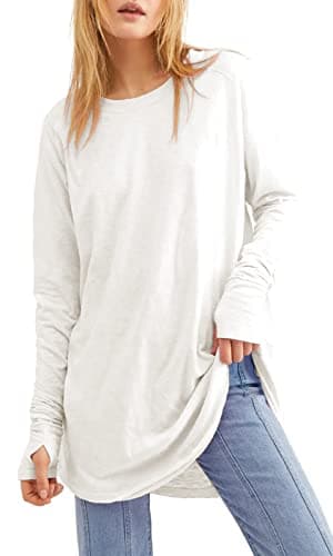 Image of Ebifin Long Sleeve Tops Womens Long Jumpers Crewneck Tunic Tops Loose Fit Sweatshirts with Thumb Holes.White.XL
