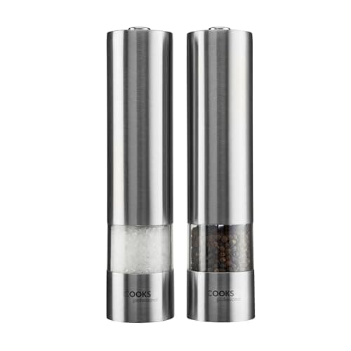 Image of Cooks Professional Electric Salt and Pepper Mill Set | Battery Operated Automatic Grinders with Adjustable Course & Fine Grinding & One Touch Operation | Condiment Seasoning Grinder | Stainless Steel