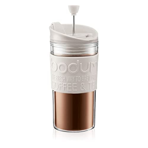 Image of BODUM Travel French Press Coffee Maker Set with Extra Lid, Vacuum, White, 0.35 L/12 oz