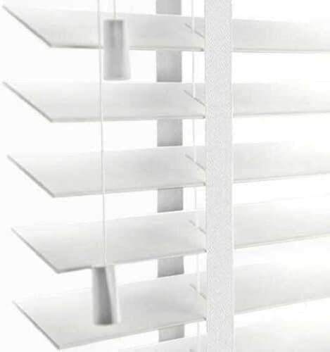 Image of Faux Wood Window Venetian Blinds Blind With Tape 50mm Slats White Grey TRIMMABLE Fittings Included Luxury Look (White With Tape, 135cm Width x 150cm Drop)