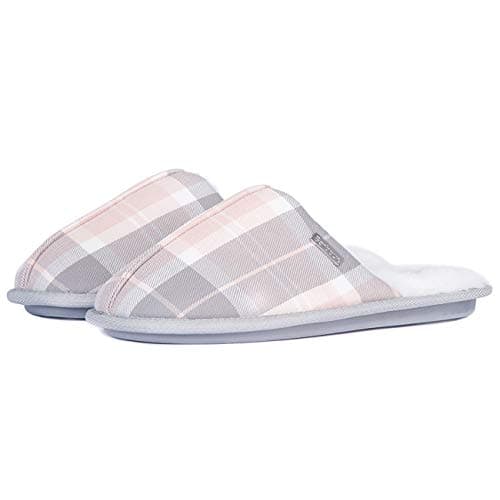 Image of Barbour Womens Maddie Jersey Winter Warm Snow Faux Fur Slippers - Pink/Grey Tartan - 5