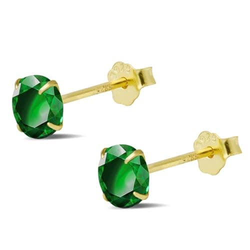 Image of Weviway 5mm Emerald Green Stud Earrings, 925 Sterling Silver, 18K Gold Plated, Hypoallergenic, Handmade Jewellery Gifts