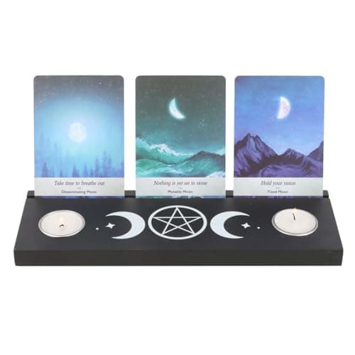 Image of Black Triple Moon Tarot Card Stand Tealight Holder - Mystical Wooden Stand for Tarot Cards and Tealights, Wiccan Decor, Gift for Tarot Enthusiasts and Spiritual Settings
