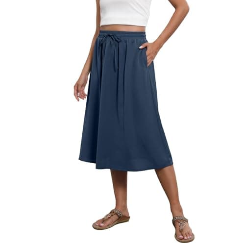 Image of Mrat Women's Skirts Elastic High Waist Skirt with Pockets Pleated Drawstring Lightweight Breathable Skirts Summer Casual Mini Skirt Ladies Elegant Dresses Party Wedding Work Holiday Travelling Navy