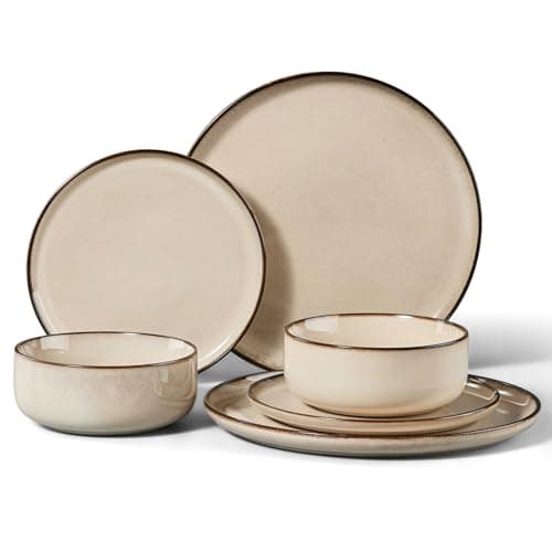 Image of HaWare Dinner Set, 6 Piece Stoneware Dinnerware Service for 2, Reactive Glaze Dining Ware Include Plates and Bowls, Chip and Scratch Resistant, Microwave & Dishwasher Safe, Cream Khaki