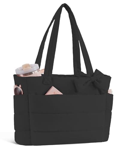 Image of CTWWFS Puffer Tote Bag for Women, Quilted Bow Tote Bag with Cup Holder & 15.6 In Laptop Compartment for Work, Travel, Gym, College (Black)