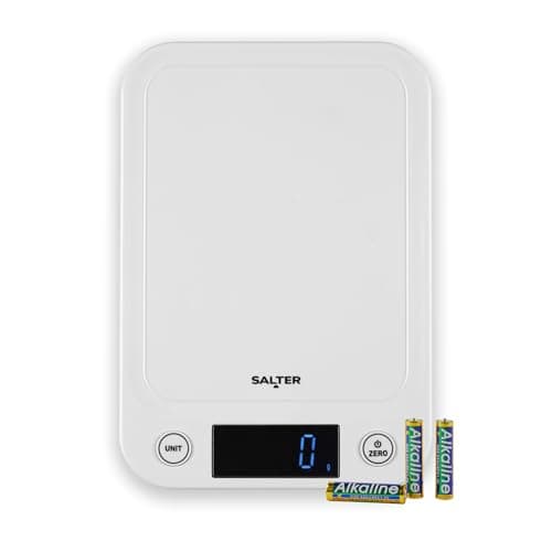 Image of Salter Toronto Digital Kitchen Scale – Electronic Food Weighing Scales for Liquids and Fluids, Easy Read Backlit Display, Tare/Zero Function, Slim Compact Design, 5KG, White