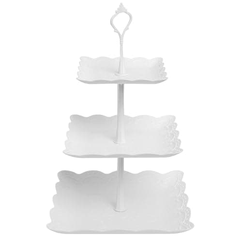 Image of 3 Tiers Cake Display Stand, White Afternoon Tea Stands, Plastic Square Cup Cake Fruit Dessert Party Server Plates Stands, Reusable Food Serving Platter Stand for Birthday, Wedding, Party