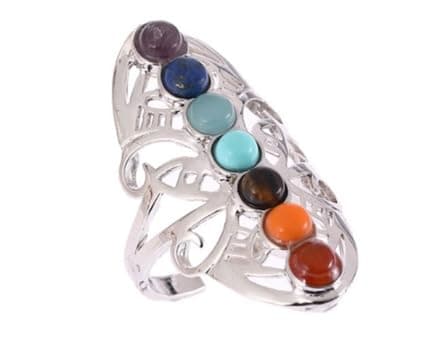 Image of CYJXL Plated 7 Chakra Healing Hollow Thumb Reiki Natural Stones Ring for Women Adjustable Ring Boho Jewelry, White Spain