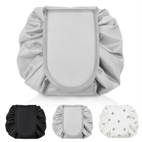 Image of Sahunfri Lazy Drawstring Makeup Bag for Women,Flat Lay Cosmetic Makeup Bag for Cosmetics, Makeup Tools,Travle Pouch Storage Organiser (Grey)