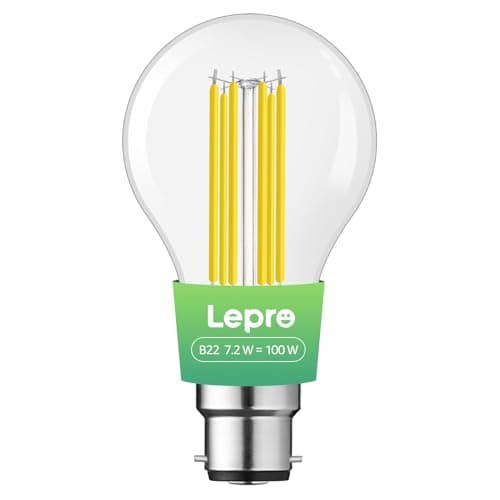 Image of Lepro B22 Bayonet Light Bulb, A-Rated Ultra-efficient LED Bulb, 7.2W = 100W, 1521lm, 2700K Warm White, 50000H Lifespan, Clear Filament, Vintage Glass, Non-dimmable