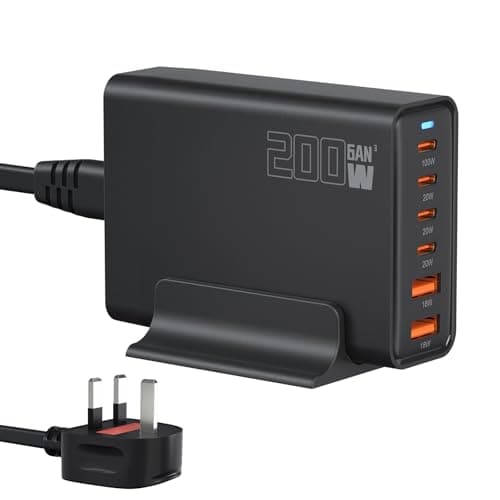 Image of 200W 6-Port USB Charging Station, PD 100W 65W 45W 20W 18W USB C GaN III Charger Laptop & Phone Fast Charger Plug, Compatible with MacBook Pro/Air,Dell XPS, iPhone 15/16/14/ Pro, iPads, Steam Deck