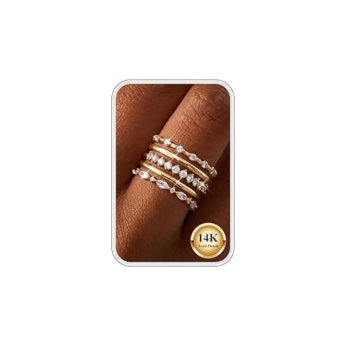 Image of Kakonia Gold Silver Rings for Women 14K Gold Plated Stackable Rings Set Tarnish Free Chunky Finger Thumb Band Stacking Ring Cubic Zirconia Statement Engagement Promise Ring Non Tarnish G1-6