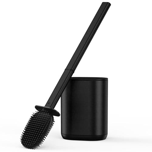 Image of Cosicosy Toilet Brush, Stainless Steel Silicone Toilet Brush and Holder Flexible Soft Silicone Toilet Brush for Deep Cleaning with Long Handle Wall Mounted Black, 27 * 19 * 9cm (004-BL-UK)